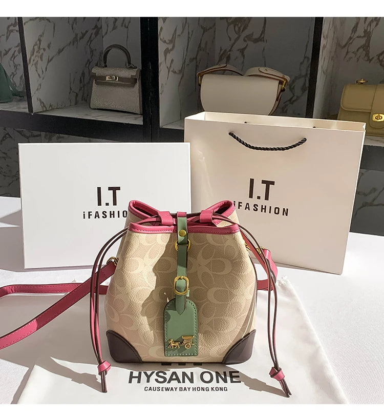 Light luxury women's handbag, retro carriage drawstring bucket bag, 2025 new style bag, high-end single shoulder crossbody bag