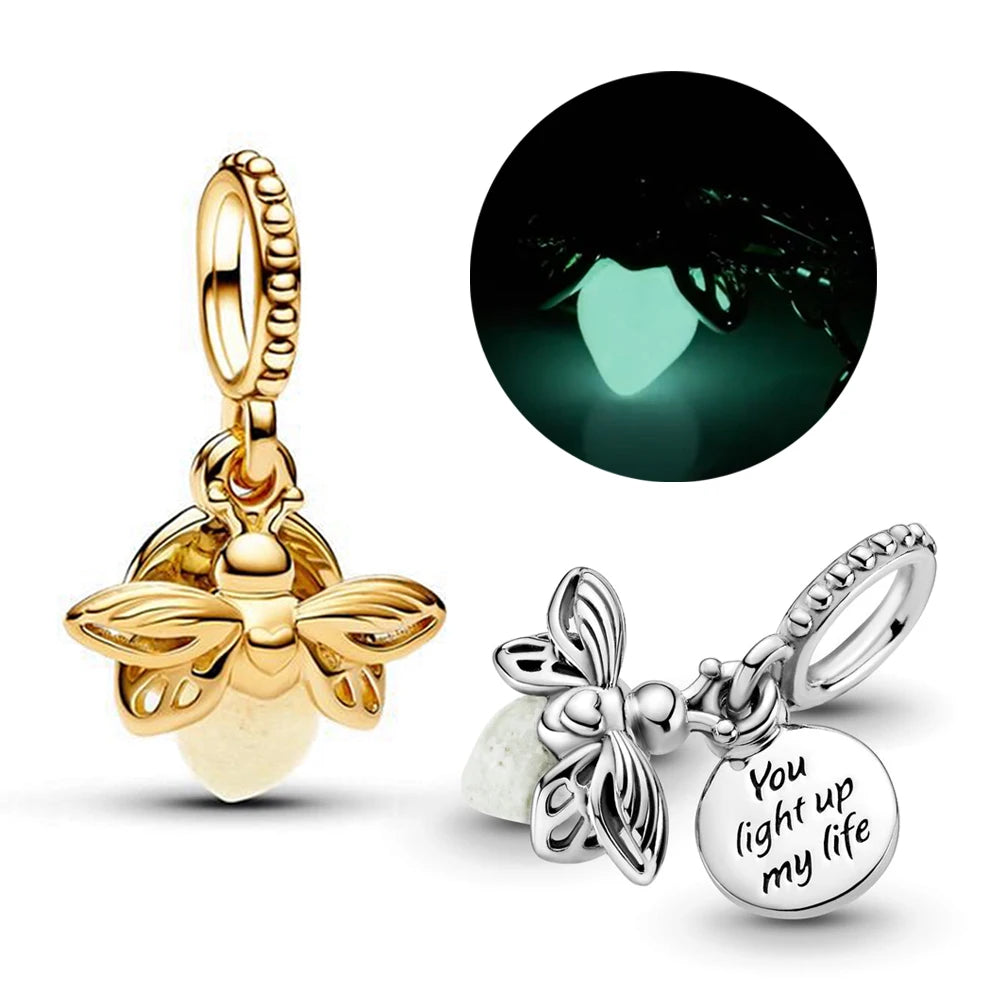 2024 Summer New Glow-in-the-dark Firefly Dangle Charm Fit Original Pan Bracelet DIY Silver&Gold Plated Women Jewelry Gift