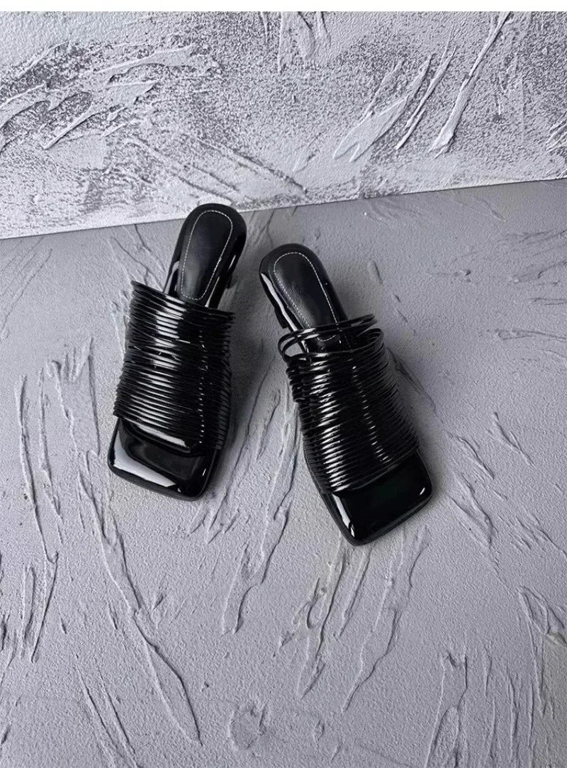 Square Toe Stiletto Sandals for Women Summer Shiny Solid Color High Heels Casual Half Slippers Shoes for Women Designer Sandals