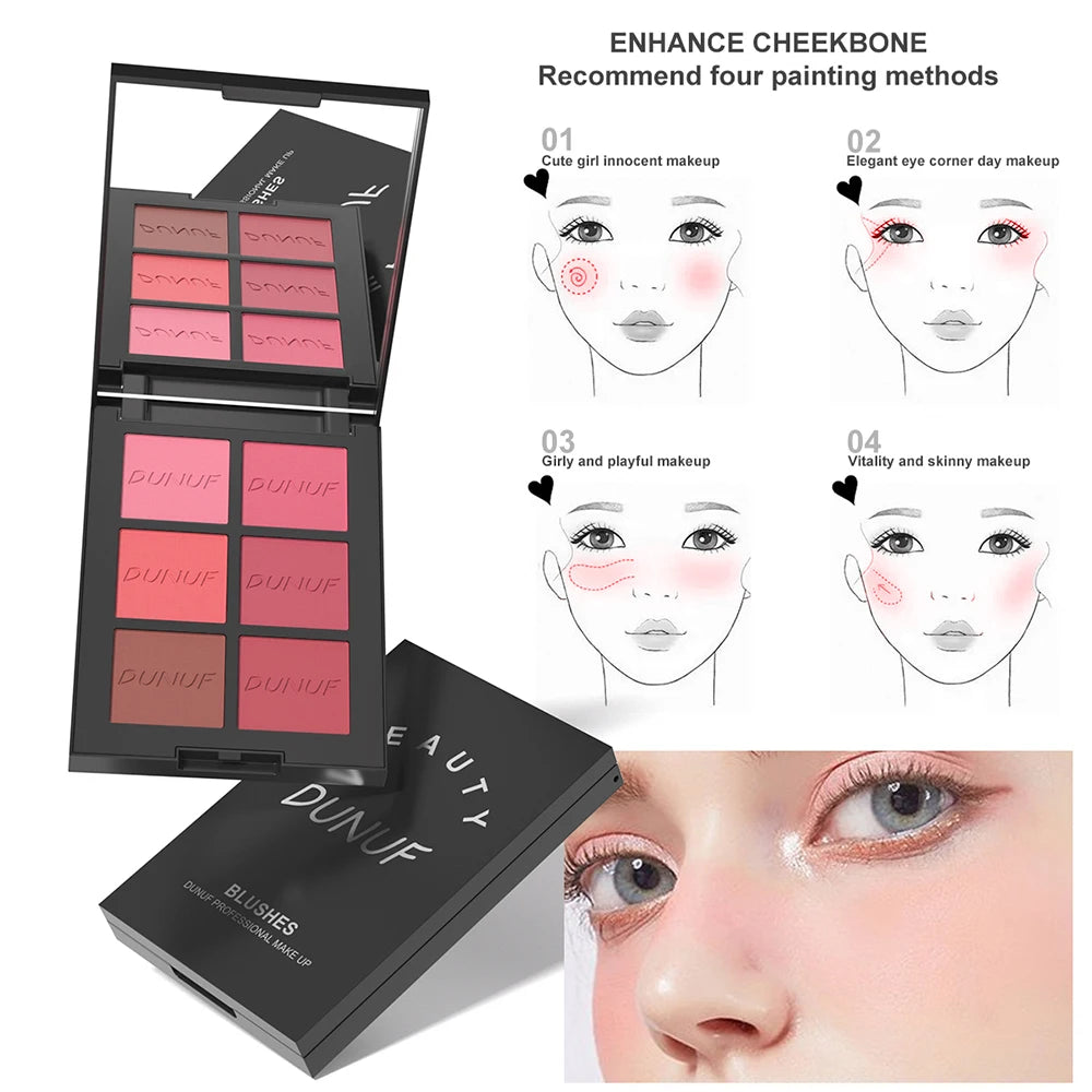 Airflow Powder Blush Palette 6 Color Matte Shimmery Highlighter Bronzer Longwearing High Pigment Waterproof Contour Makeup