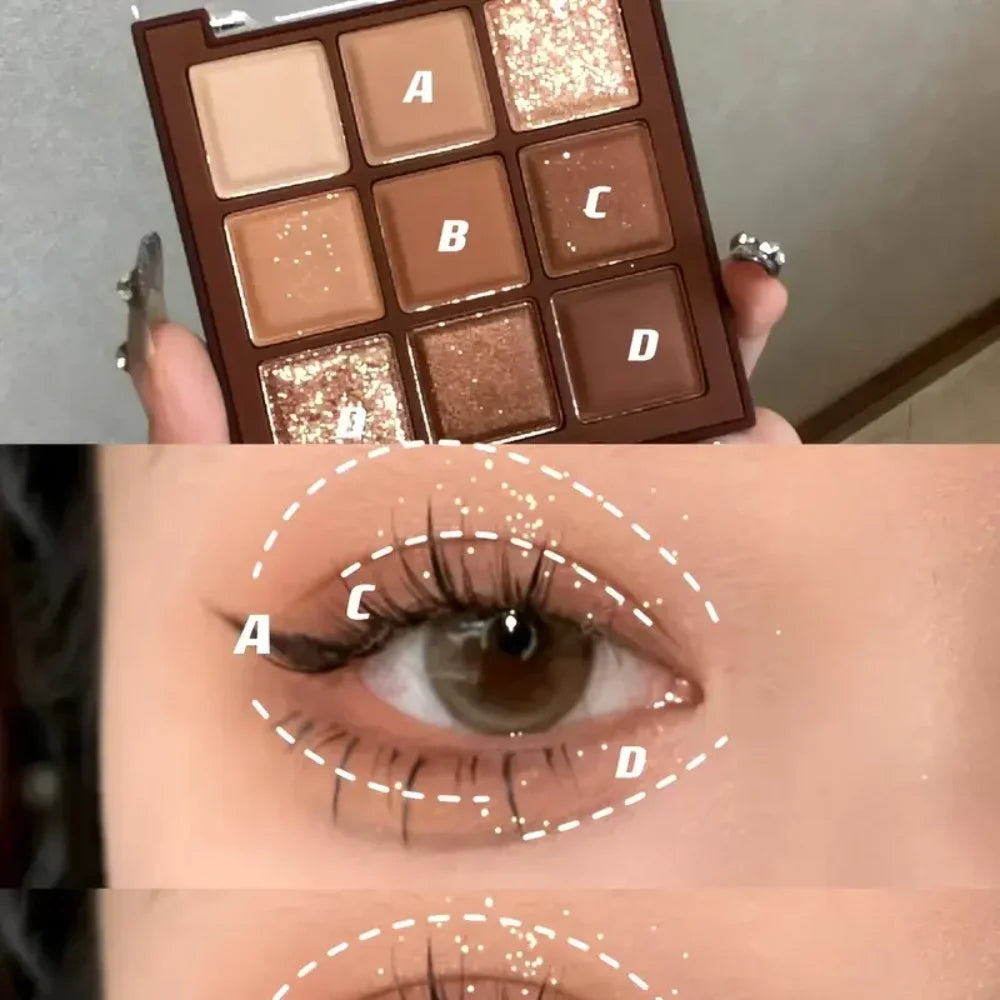 Chocolate 9-Color Eyeshadow Palette Matte & Glitter Shades, Natural Brown Gold Tones,Waterproof Long-Lasting, Easy Eye Makeup