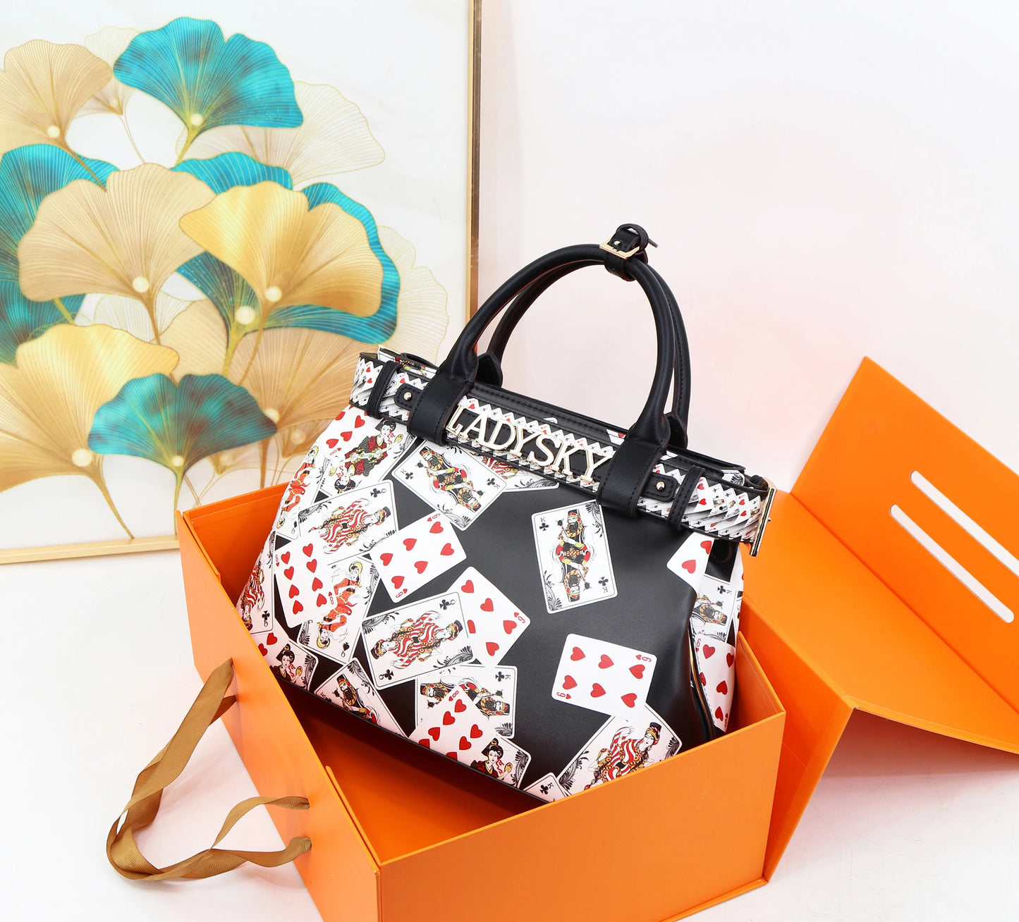 Ladysky Top Product Fashion Women's Tote Bag with Belt Super Personalized Metal Letter Handbag Printed Ladies Shoulder Bag 36 cm