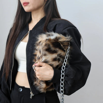 New Faux Fur Leopard Shoulder Bag Women's Autumn Winter Chain Handbags Ladies Leopard Print Clutch Purses Fluffy Top Handle Bags