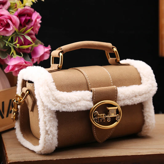 Luxury brand women's bag high-end designer 2024 new autumn and winter plush handbag single shoulder crossbody small square bag