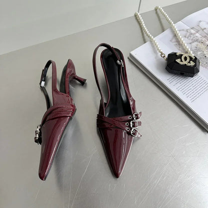 Pointed Toe Women Sandals New Arrivals Fashion Elastic Band Party Dress Shoes Woman Thin Mid Heels Red Black Silver Fashion