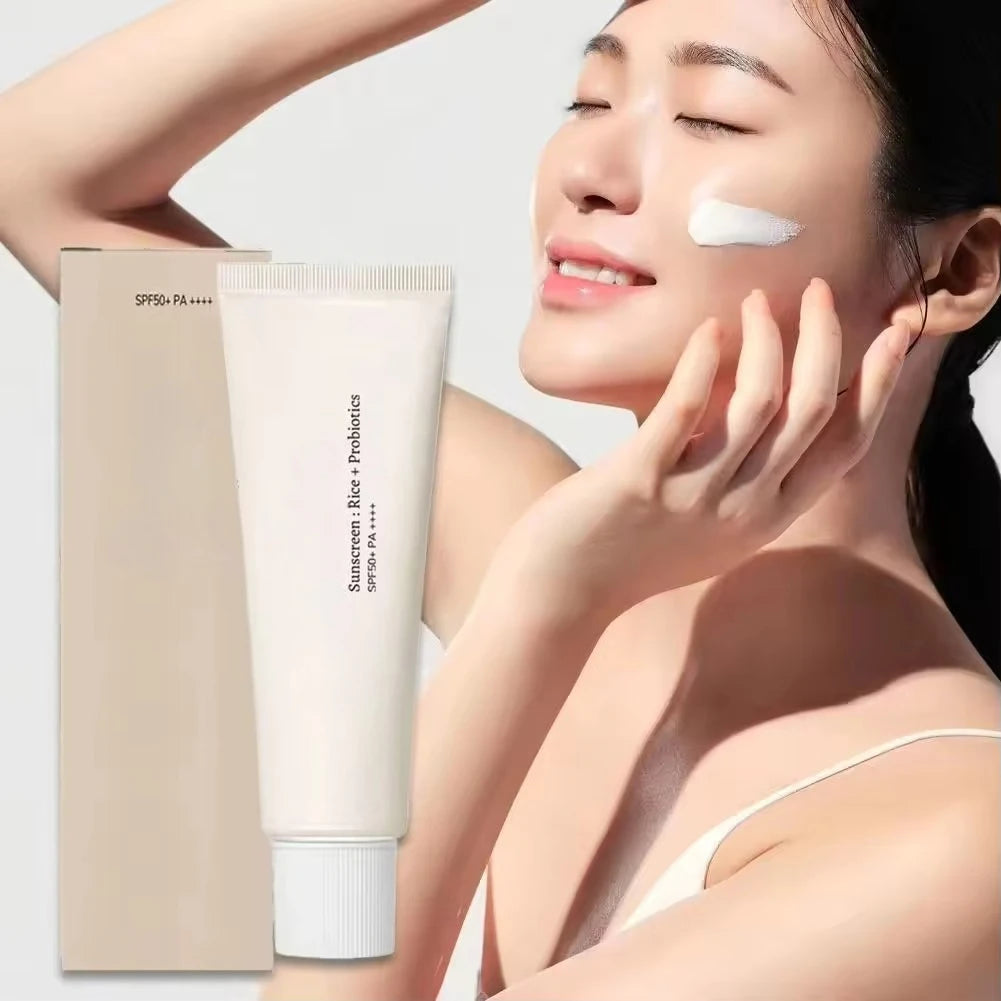 SPF50+ Sunscreen Korean Rice Probiotic Solar Blocker Skin Whitening Cream Anti UV Sun Block Facial Mild Moisturizer Serum 50ml