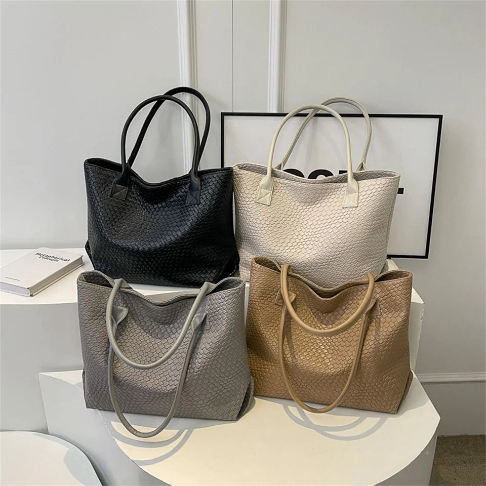 Women's Woven Pattern Tote Bag Elegant PU Leather Handbag Vintage Large Capacity Fashion Trending Japon Style  Shoulder Bags