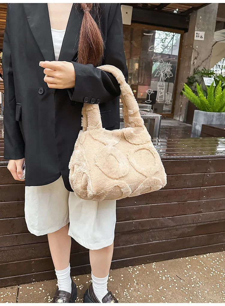 Faux Fur Tote Bag High Quality Plush Handbag Women Fall Winter Vintage Fashion Large Capacity Shoulder Bag