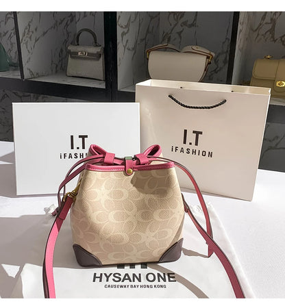 Light luxury women's handbag, retro carriage drawstring bucket bag, 2025 new style bag, high-end single shoulder crossbody bag