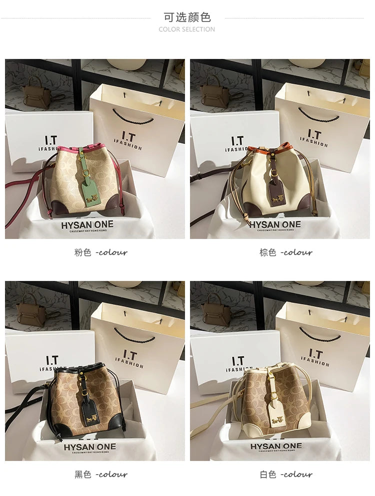 Light luxury women's handbag, retro carriage drawstring bucket bag, 2025 new style bag, high-end single shoulder crossbody bag