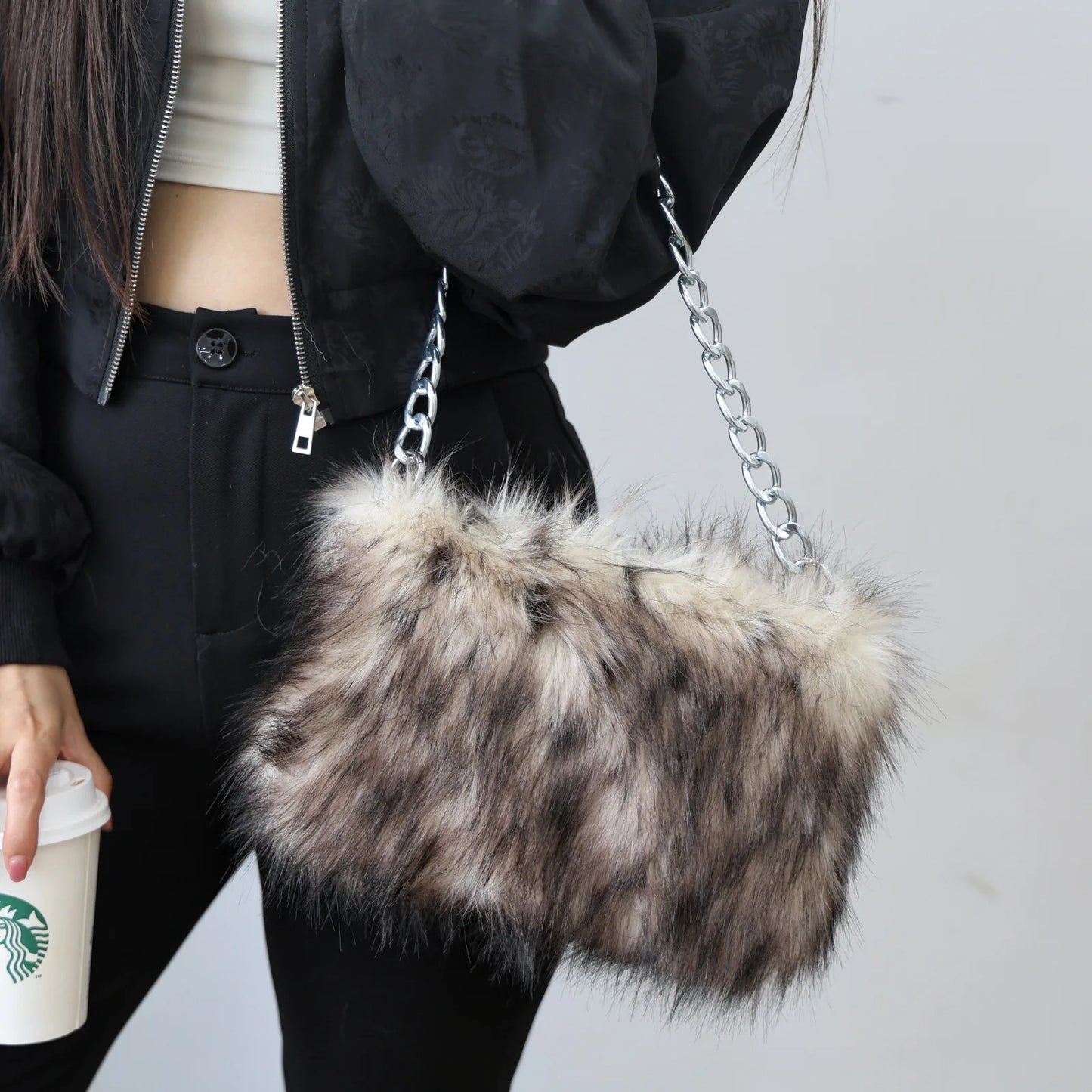 New Faux Fur Leopard Shoulder Bag Women's Autumn Winter Chain Handbags Ladies Leopard Print Clutch Purses Fluffy Top Handle Bags