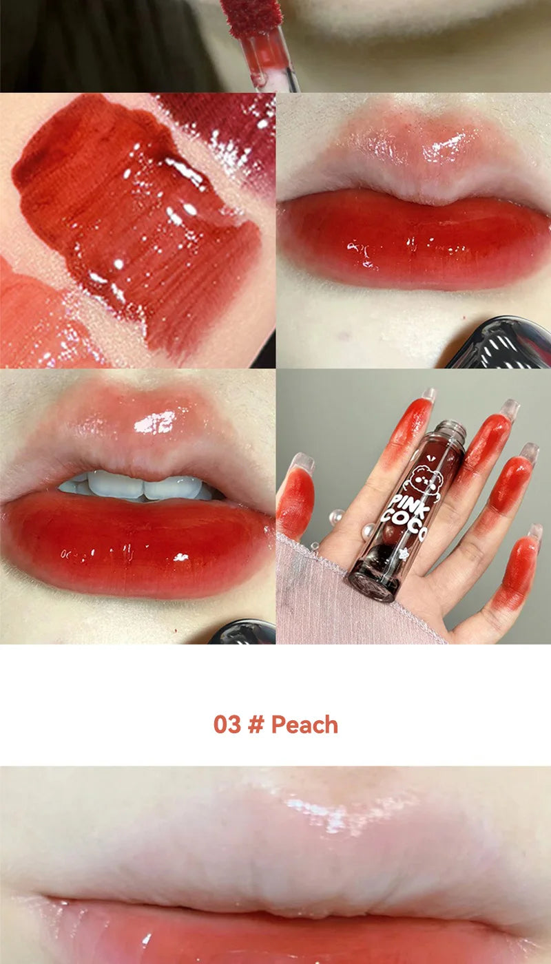 PINKCOCO Bear Doodle Mirror Lip Glaze — Long-Lasting Shiny Lip Gloss, Student-Friendly, Skin-Brightening Nude Lipstick