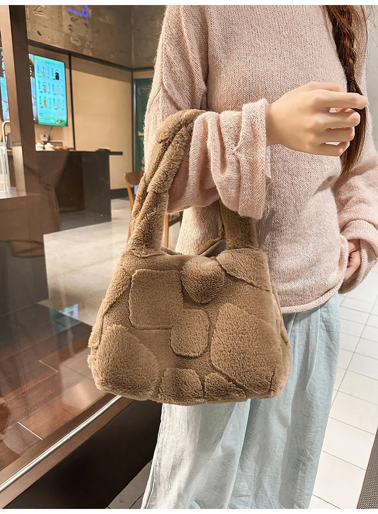 Faux Fur Tote Bag High Quality Plush Handbag Women Fall Winter Vintage Fashion Large Capacity Shoulder Bag