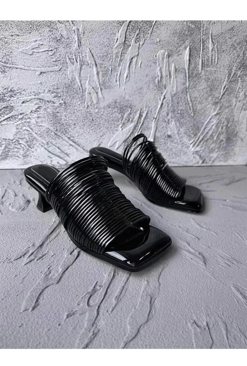 Square Toe Stiletto Sandals for Women Summer Shiny Solid Color High Heels Casual Half Slippers Shoes for Women Designer Sandals