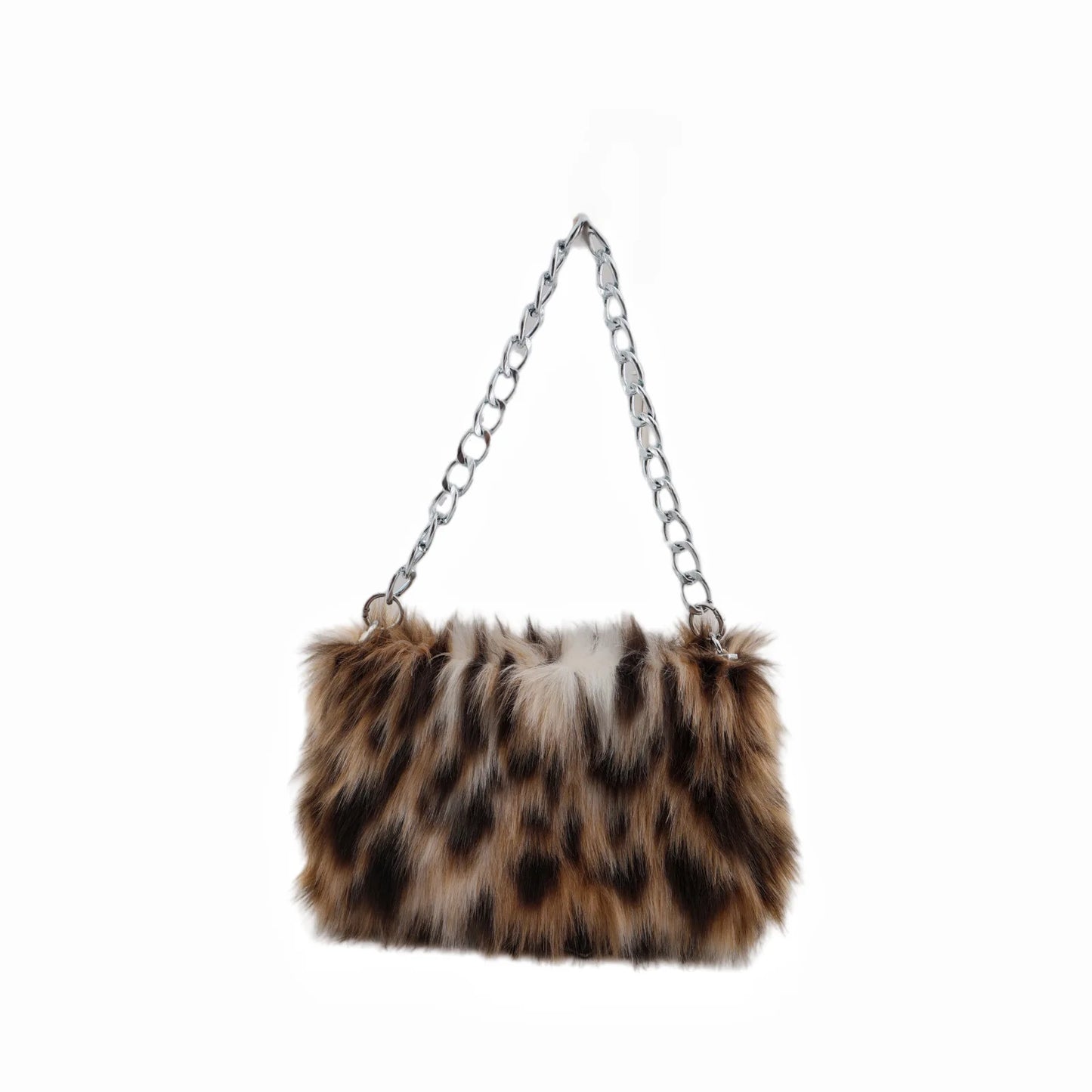 New Faux Fur Leopard Shoulder Bag Women's Autumn Winter Chain Handbags Ladies Leopard Print Clutch Purses Fluffy Top Handle Bags