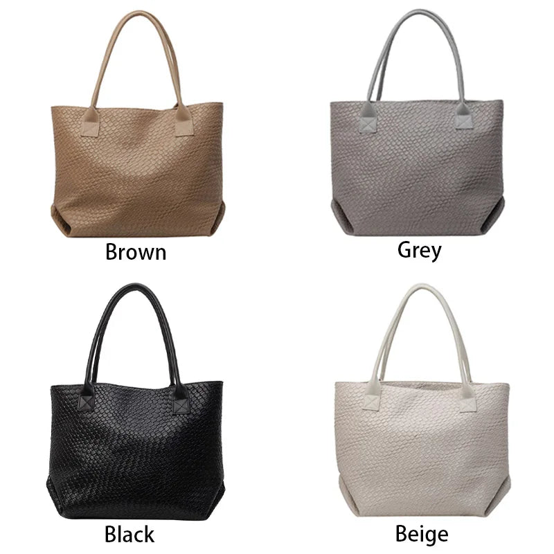 Women's Woven Pattern Tote Bag Elegant PU Leather Handbag Vintage Large Capacity Fashion Trending Japon Style  Shoulder Bags