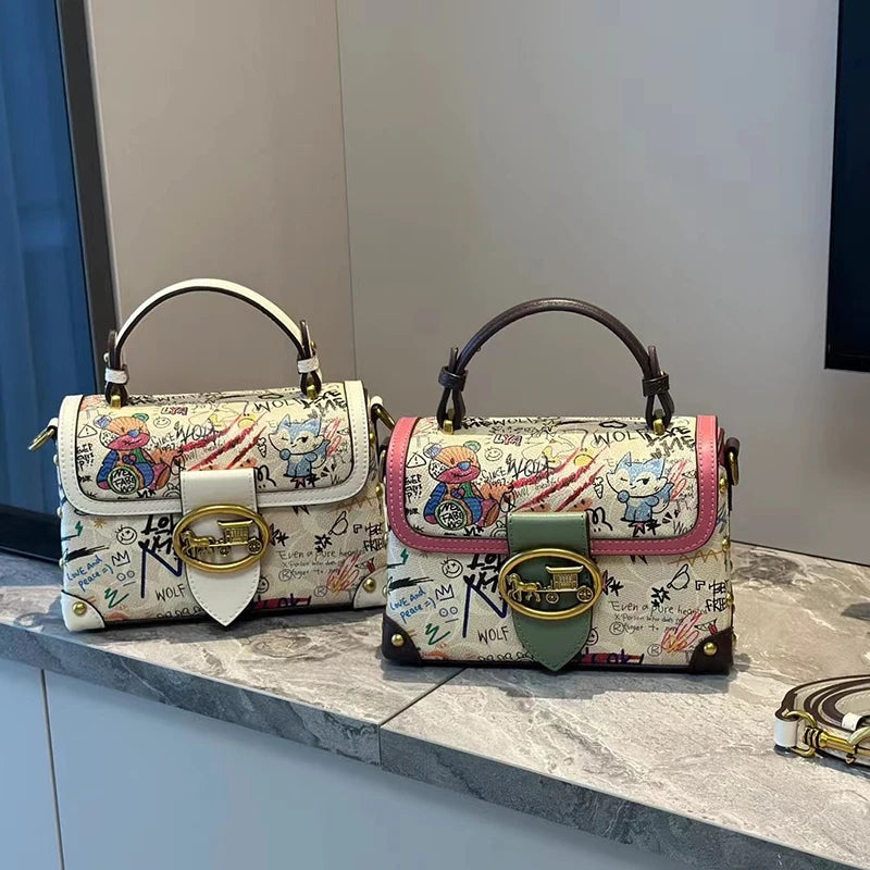 Brand premium women's bag graffiti box small square bag 2024 new autumn and winter designer handbag single shoulder crossbody ba