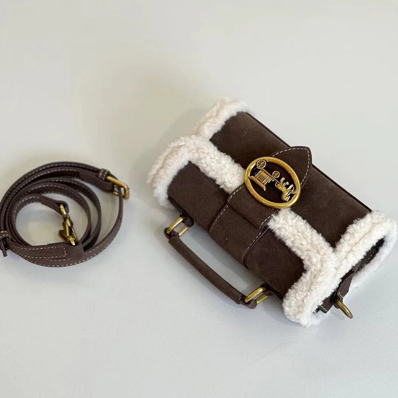 Luxury brand women's bag high-end designer 2024 new autumn and winter plush handbag single shoulder crossbody small square bag