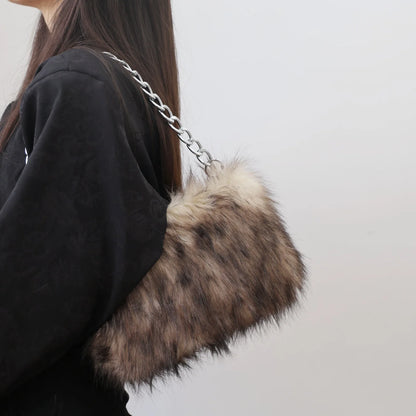 New Faux Fur Leopard Shoulder Bag Women's Autumn Winter Chain Handbags Ladies Leopard Print Clutch Purses Fluffy Top Handle Bags