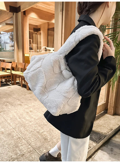 Faux Fur Tote Bag High Quality Plush Handbag Women Fall Winter Vintage Fashion Large Capacity Shoulder Bag