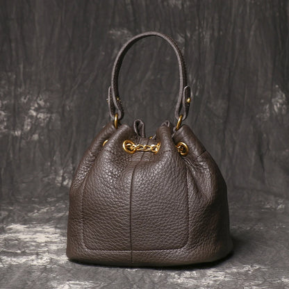LUOKIR New Metal Drawstring Versatile Women's Handbag Genuine Leather Chain Crossbody Bag Vintage Bucket Bag Mobile Phone Bag