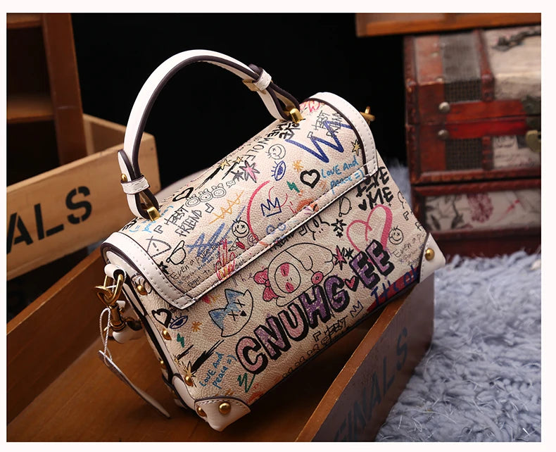 Brand premium women's bag graffiti box small square bag 2024 new autumn and winter designer handbag single shoulder crossbody ba