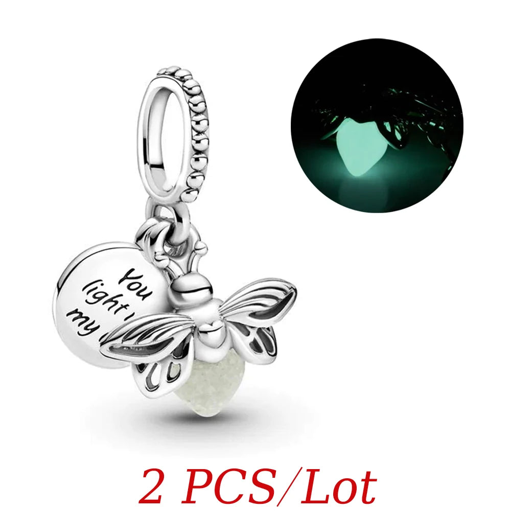 2024 Summer New Glow-in-the-dark Firefly Dangle Charm Fit Original Pan Bracelet DIY Silver&Gold Plated Women Jewelry Gift