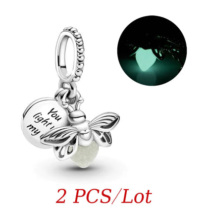 2024 Summer New Glow-in-the-dark Firefly Dangle Charm Fit Original Pan Bracelet DIY Silver&Gold Plated Women Jewelry Gift