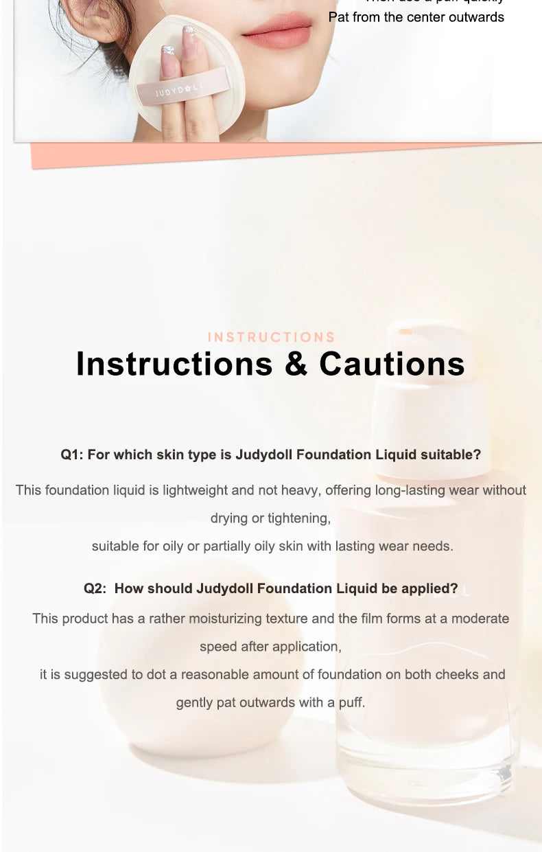 Judydoll Oil-Control Foundation, Long-Lasting, Matte Finish, Full Coverage, Oil-Free, Sweat-Proof, Flawless Skin, Oil Skin