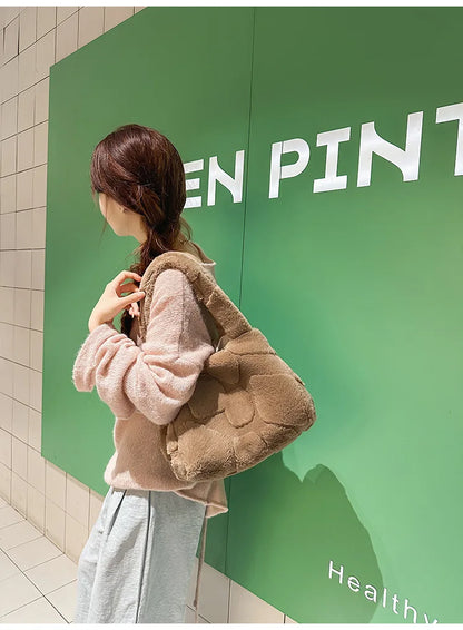 Faux Fur Tote Bag High Quality Plush Handbag Women Fall Winter Vintage Fashion Large Capacity Shoulder Bag