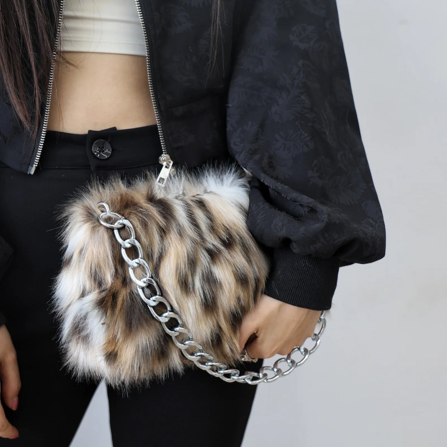 New Faux Fur Leopard Shoulder Bag Women's Autumn Winter Chain Handbags Ladies Leopard Print Clutch Purses Fluffy Top Handle Bags