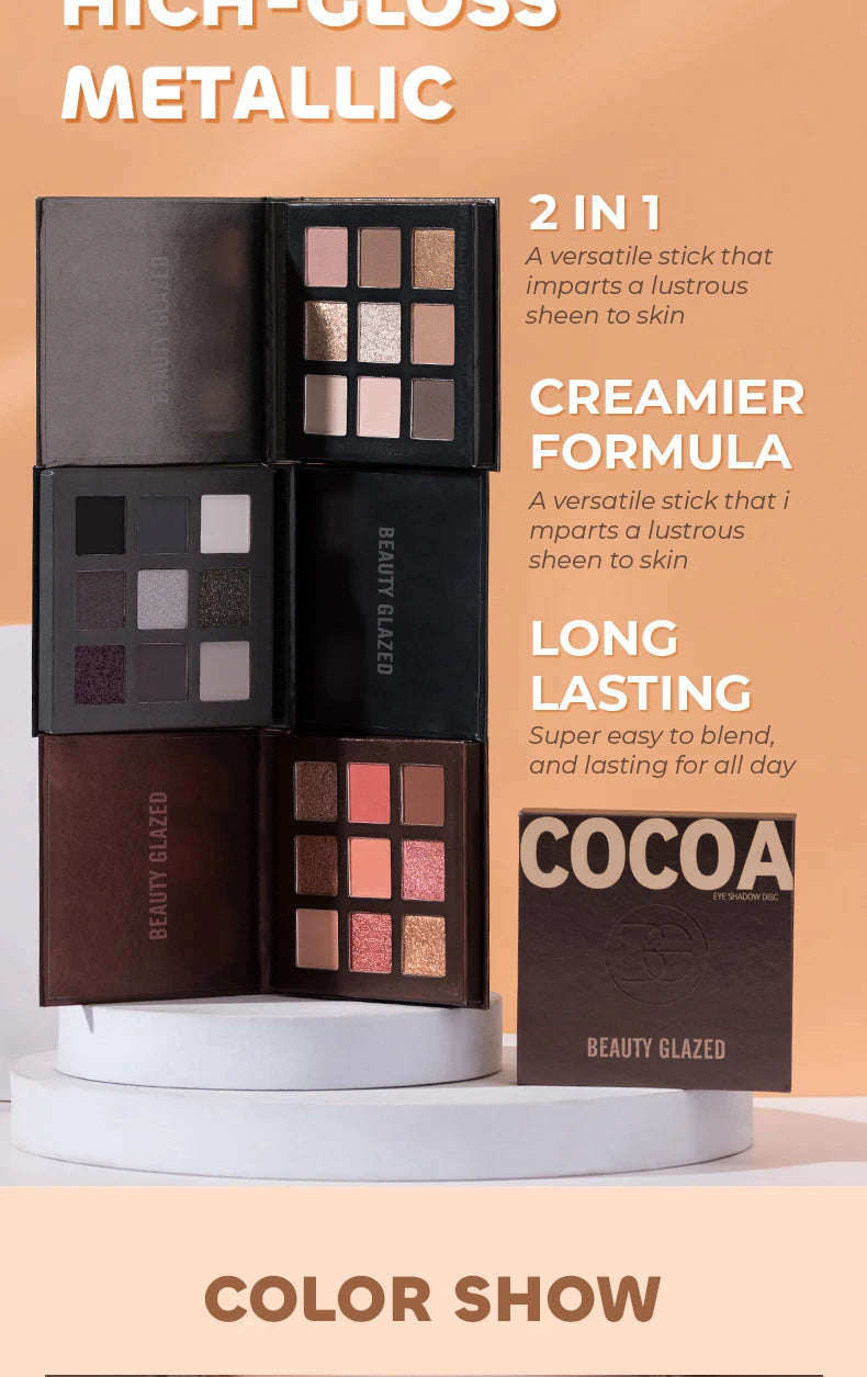 Beauty Glazed 9 Colors Eye Shadow Palette - Matte & Shimmer Pigmented Eyeshadow Discs Warm Earth Tones Makeup Powder for Eyes
