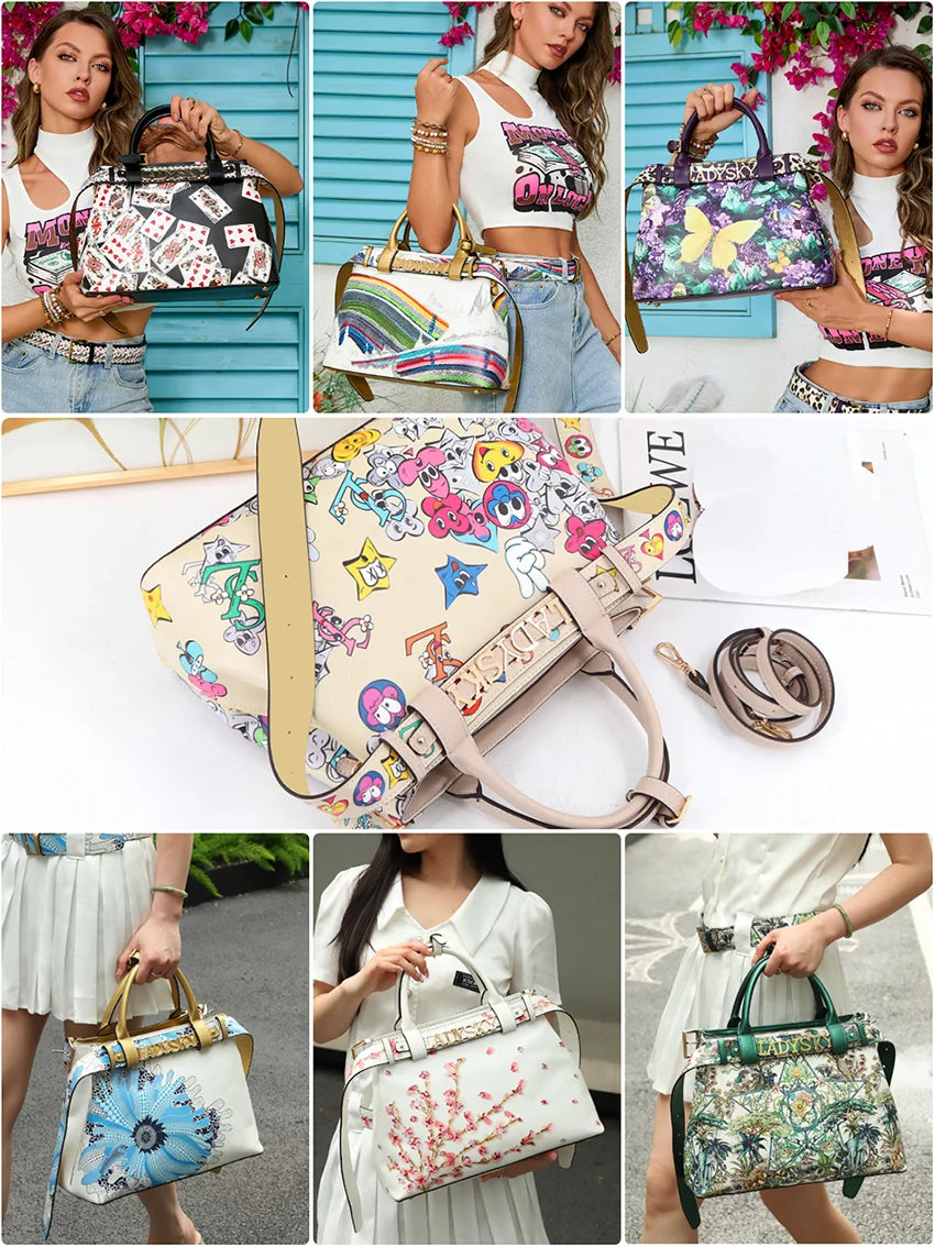 Ladysky Top Product Fashion Women's Tote Bag with Belt Super Personalized Metal Letter Handbag Printed Ladies Shoulder Bag 36 cm