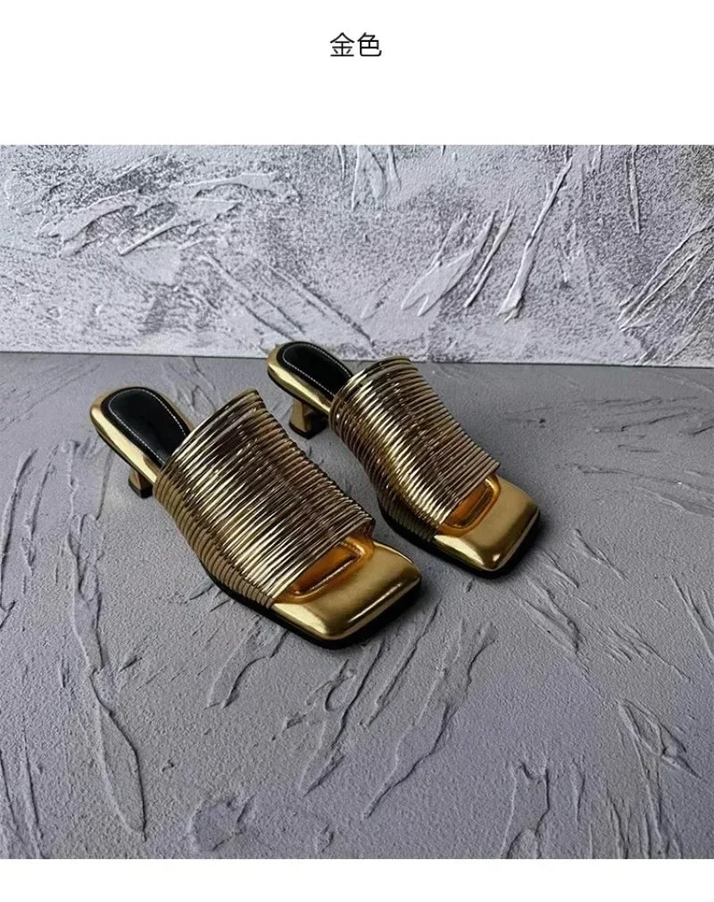 Square Toe Stiletto Sandals for Women Summer Shiny Solid Color High Heels Casual Half Slippers Shoes for Women Designer Sandals