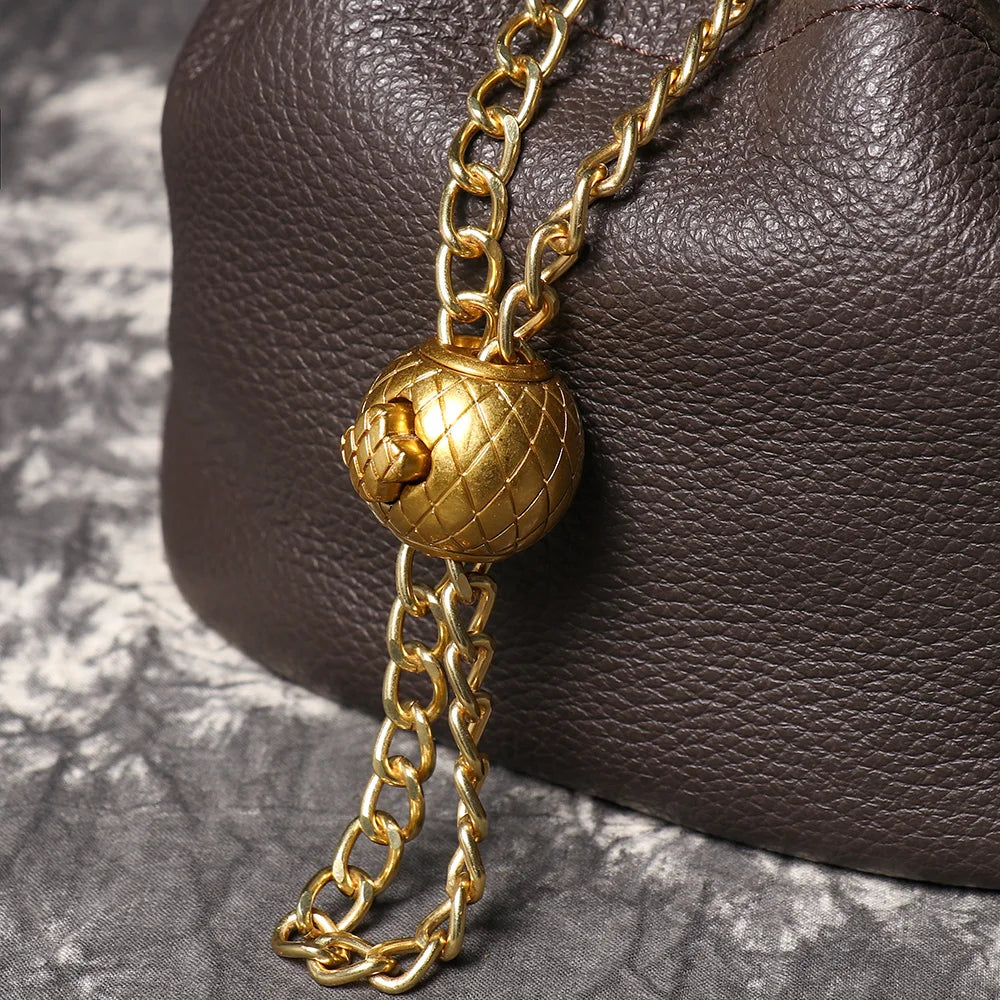 LUOKIR New Metal Drawstring Versatile Women's Handbag Genuine Leather Chain Crossbody Bag Vintage Bucket Bag Mobile Phone Bag