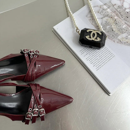 Pointed Toe Women Sandals New Arrivals Fashion Elastic Band Party Dress Shoes Woman Thin Mid Heels Red Black Silver Fashion