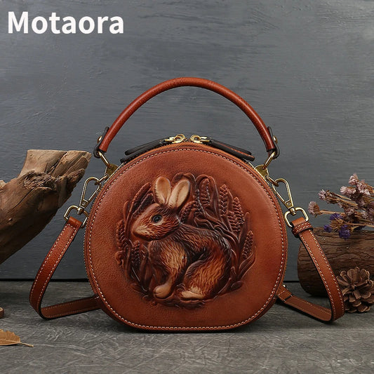 MOTAORA 2025 New Retro Round Women's Genuine Leather Handbags For Ladies Luxury Designer Rabbit Embossed Shoulder Messenger Bags