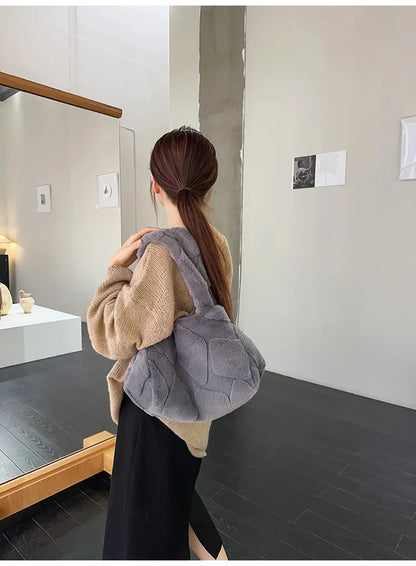 Faux Fur Tote Bag High Quality Plush Handbag Women Fall Winter Vintage Fashion Large Capacity Shoulder Bag