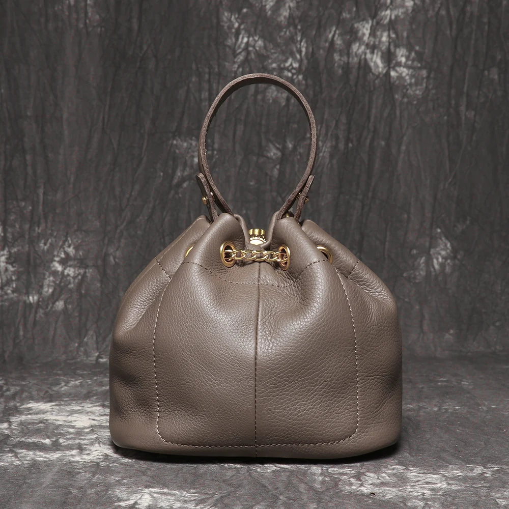 LUOKIR New Metal Drawstring Versatile Women's Handbag Genuine Leather Chain Crossbody Bag Vintage Bucket Bag Mobile Phone Bag