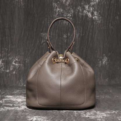 LUOKIR New Metal Drawstring Versatile Women's Handbag Genuine Leather Chain Crossbody Bag Vintage Bucket Bag Mobile Phone Bag