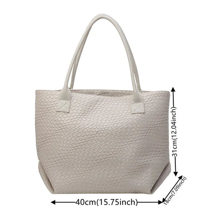 Women's Woven Pattern Tote Bag Elegant PU Leather Handbag Vintage Large Capacity Fashion Trending Japon Style  Shoulder Bags