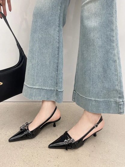 Pointed Toe Women Sandals New Arrivals Fashion Elastic Band Party Dress Shoes Woman Thin Mid Heels Red Black Silver Fashion