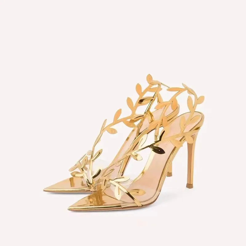 2024 Summer Fashion Patent Leather Gold Leaf Women Sandals Elegant Pointed toe Thin High heels Gladiator Sandalias Party Shoes