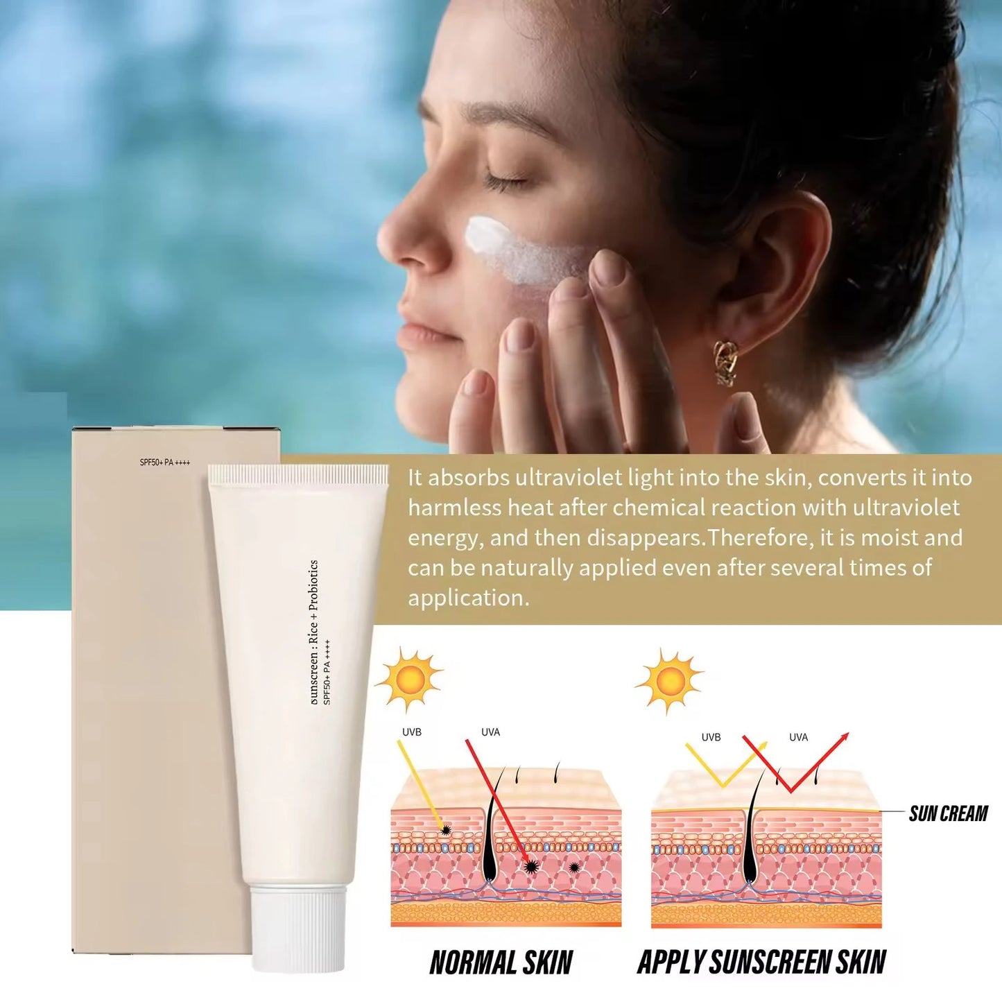 SPF50+ Sunscreen Korean Rice Probiotic Solar Blocker Skin Whitening Cream Anti UV Sun Block Facial Mild Moisturizer Serum 50ml