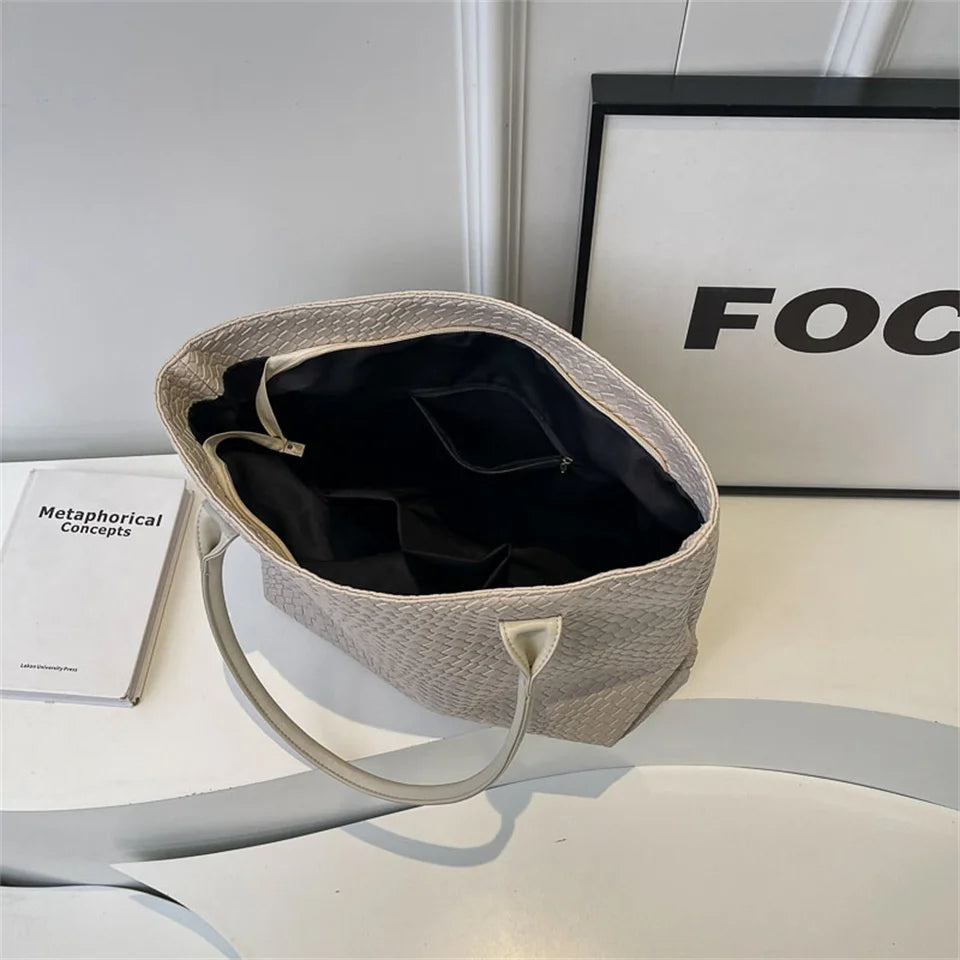 Women's Woven Pattern Tote Bag Elegant PU Leather Handbag Vintage Large Capacity Fashion Trending Japon Style  Shoulder Bags