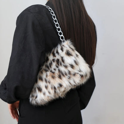 New Faux Fur Leopard Shoulder Bag Women's Autumn Winter Chain Handbags Ladies Leopard Print Clutch Purses Fluffy Top Handle Bags