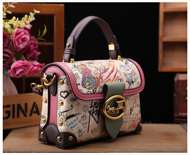 Brand premium women's bag graffiti box small square bag 2024 new autumn and winter designer handbag single shoulder crossbody ba