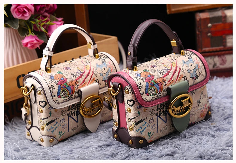 Brand premium women's bag graffiti box small square bag 2024 new autumn and winter designer handbag single shoulder crossbody ba