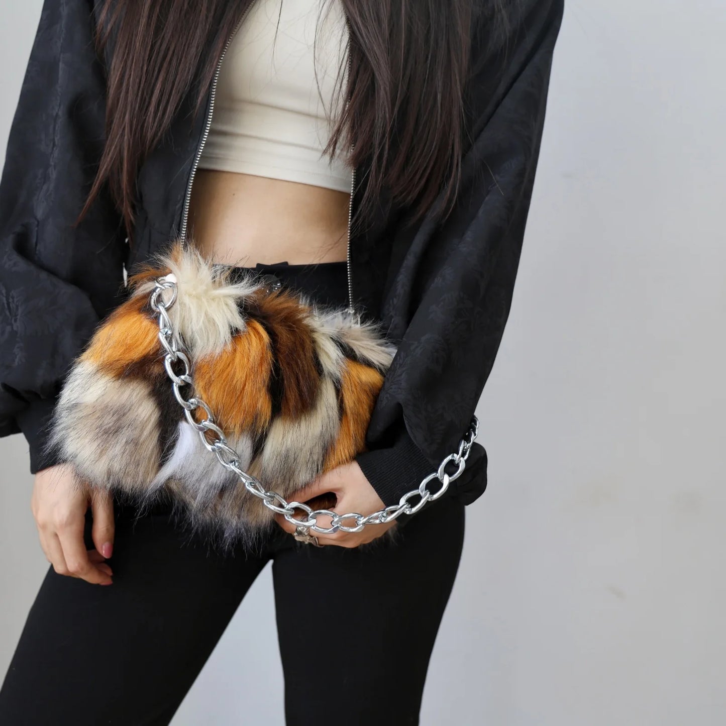 New Faux Fur Leopard Shoulder Bag Women's Autumn Winter Chain Handbags Ladies Leopard Print Clutch Purses Fluffy Top Handle Bags