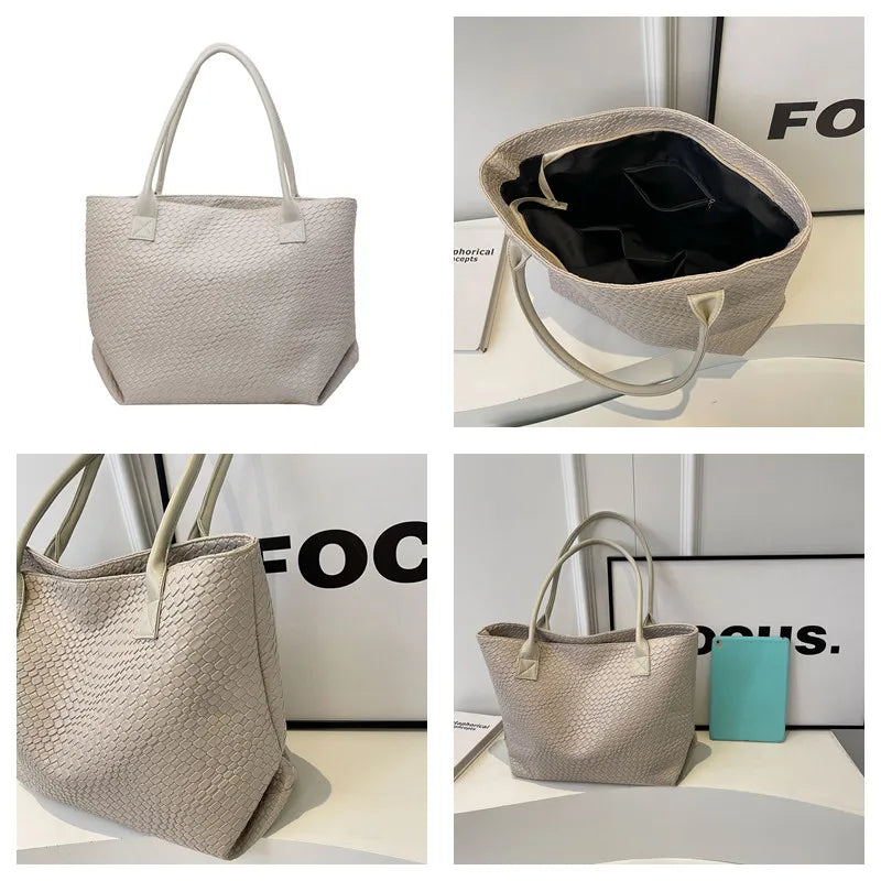 Women's Woven Pattern Tote Bag Elegant PU Leather Handbag Vintage Large Capacity Fashion Trending Japon Style  Shoulder Bags